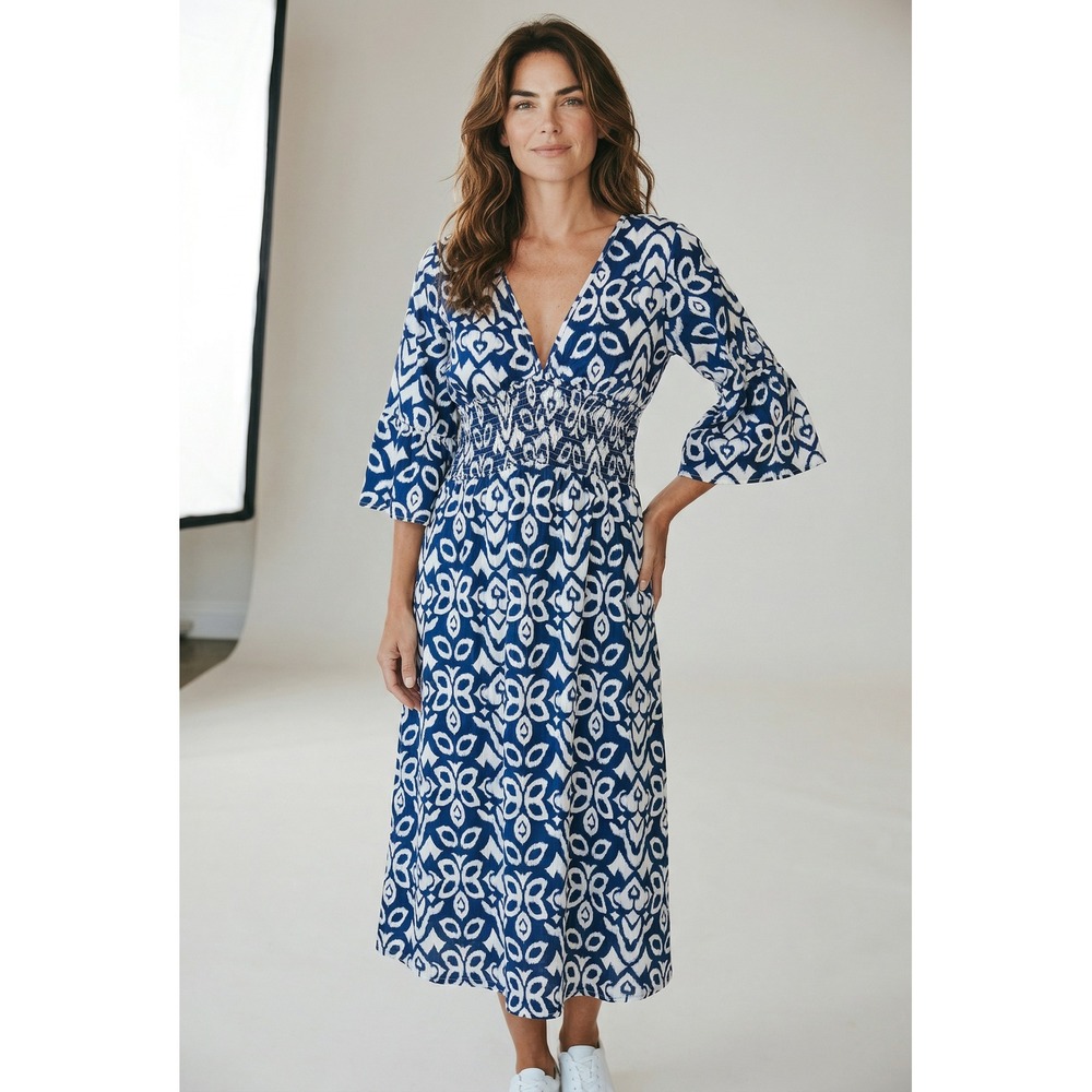 Blue White Ikat Print Midi Dress Smocked Waist V-Neck Bell Sleeve Boho Womens M